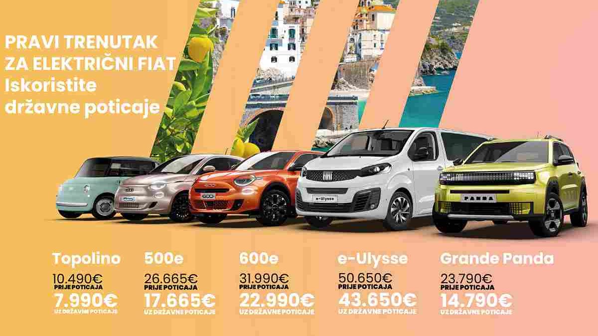 Fiat automobili jeftiniji uz poticaje u Hrvatskoj imaju atraktivne cijene – Topolino 7.990 eura, Fiat 500e 17.665 eura, Fiat 600e 21.990 eura i Fiat Grande Panda 14.790 eura